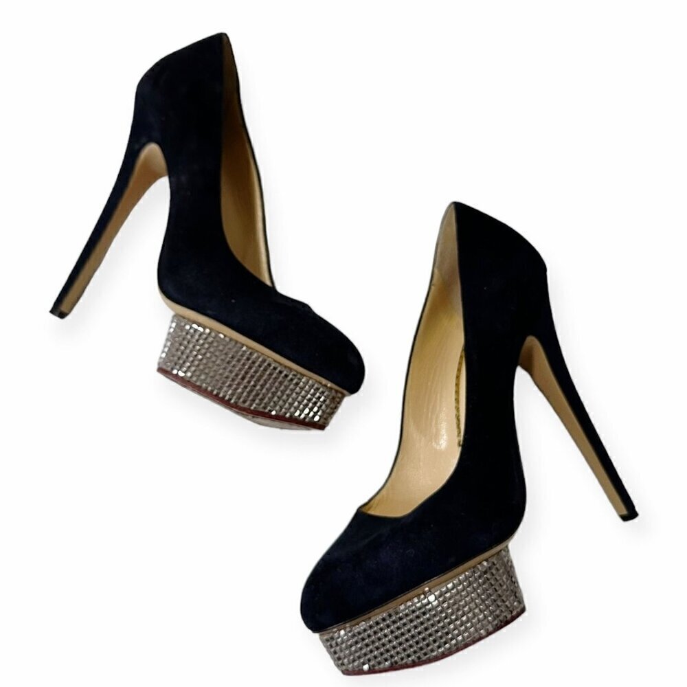 Charlotte Olympia Dolly Platform Pumps with Metal Platform, 41 EU, Navy Suede